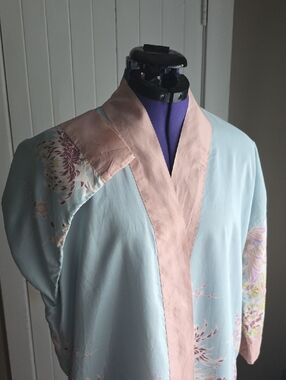 Women's Light Blue and Pale Pink Floral Kimono Robe